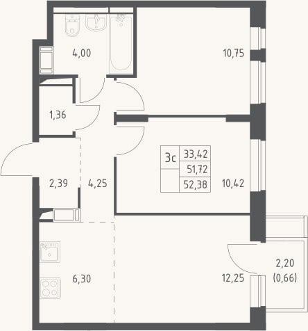 Планировка: 3-к, 51,7 м²