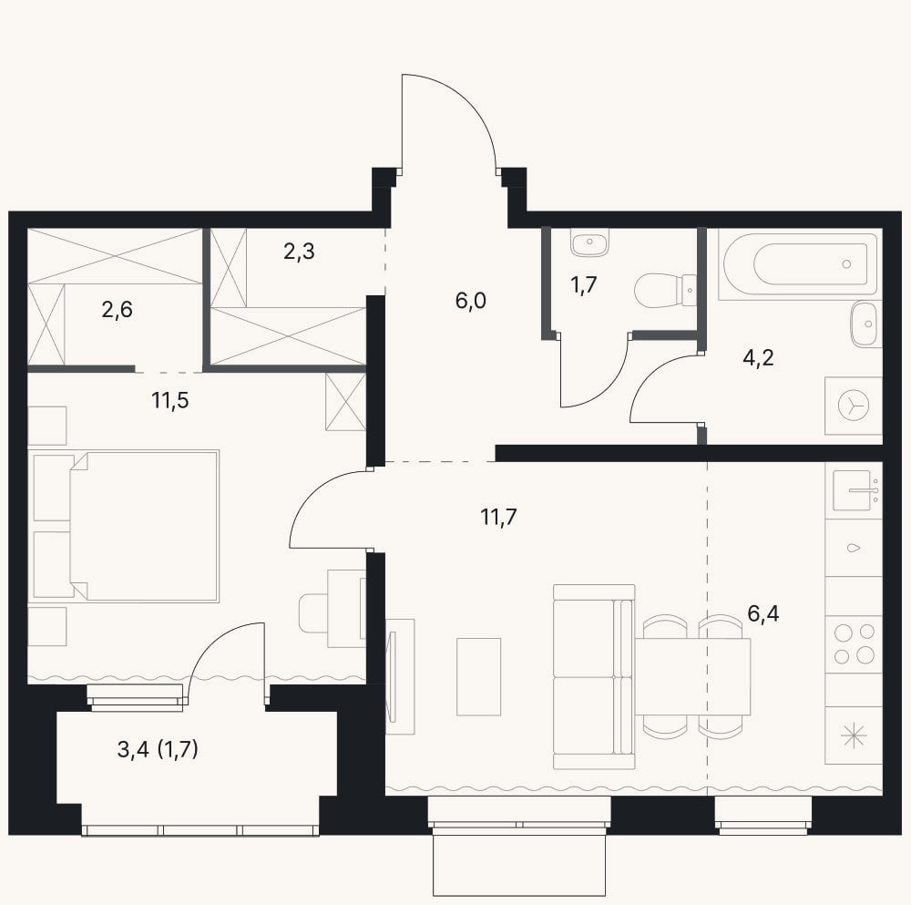 Планировка: 2-к, 46,4 м²