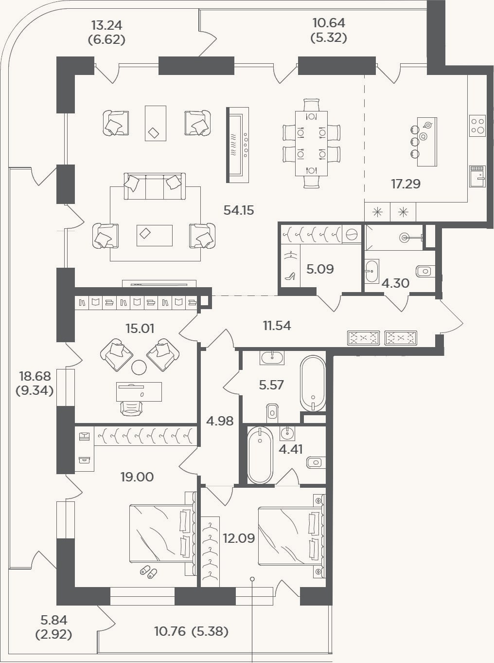 Планировка: 4+ к, 153,4 м²