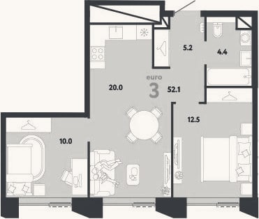 Планировка: 3-к, 52,1 м²