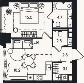 Планировка: 2-к, 47,6 м²