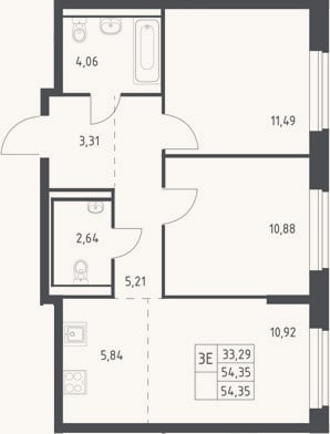 Планировка: 3-к, 54,4 м²