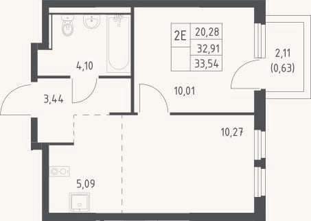 Планировка: 2-к, 32,9 м²