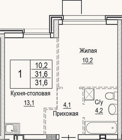 Планировка: 2-к, 31,6 м²