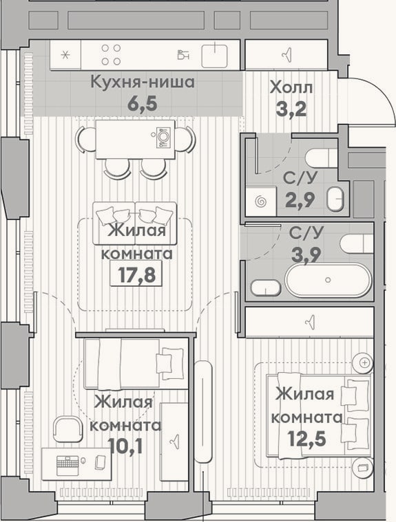 Планировка: 3-к, 56,9 м²