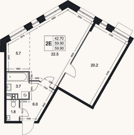Планировка: 2-к, 59,9 м²