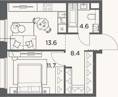 Планировка: 1-к, 38,3 м²