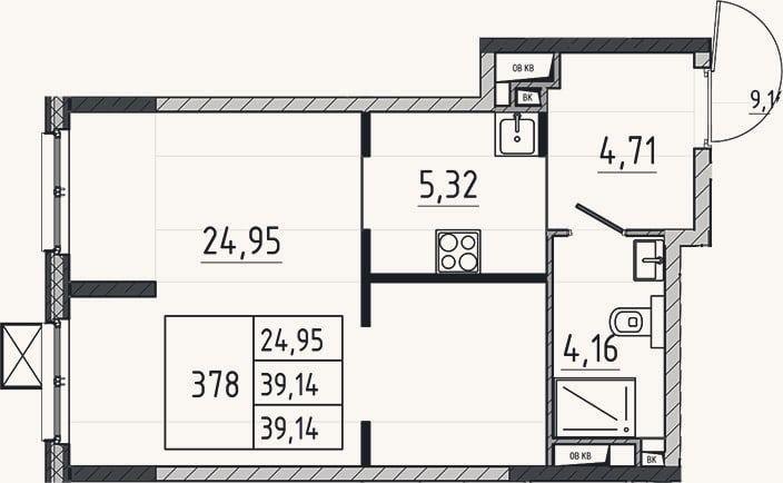 Планировка: Студия, 39,1 м²