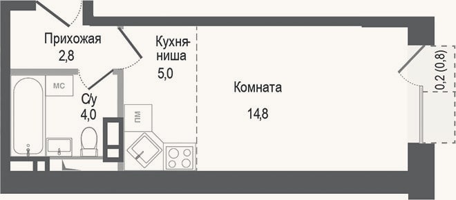 Планировка: Студия, 26,6 м²