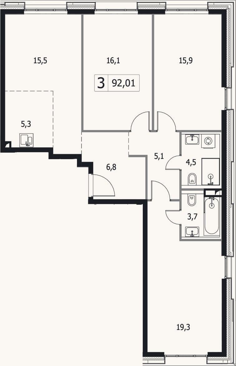 Планировка: 4+ к, 92 м²
