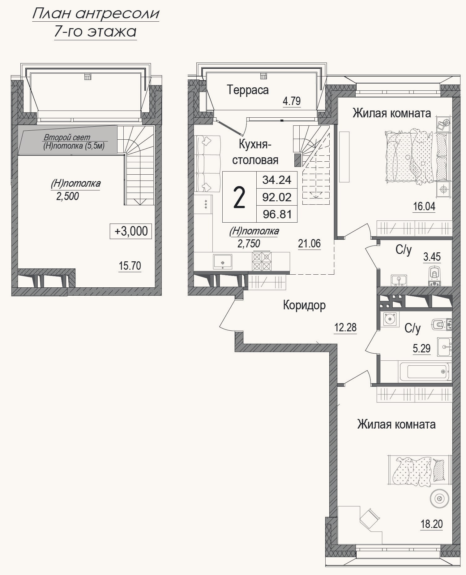 Планировка: 2-к, 88,1 м²