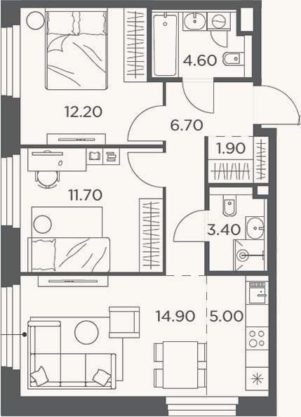 Планировка: 3-к, 60,4 м²