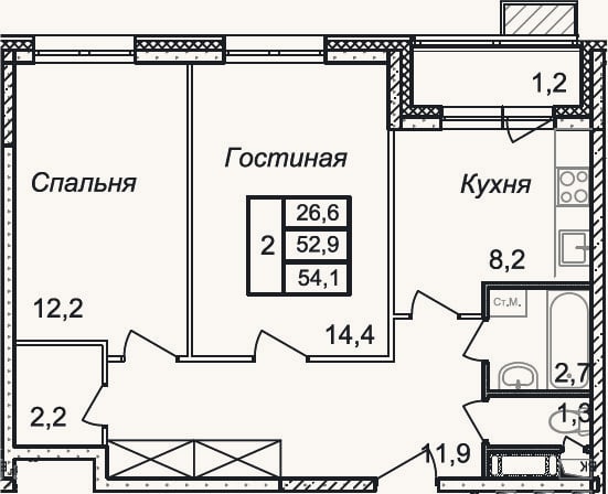 Планировка: 2-к, 52,9 м²
