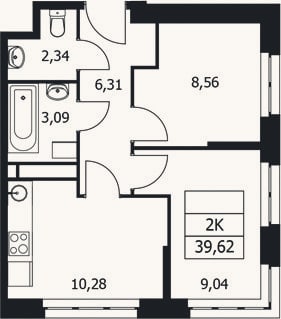 Планировка: 2-к, 39,6 м²
