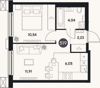 Планировка: 2-к, 34,8 м²