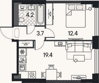Планировка: 2-к, 39,7 м²