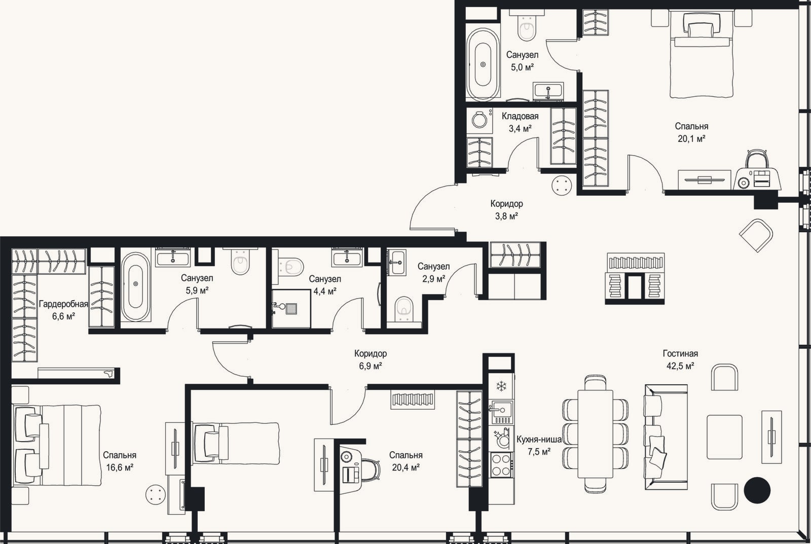 Планировка: 4+ к, 146 м²