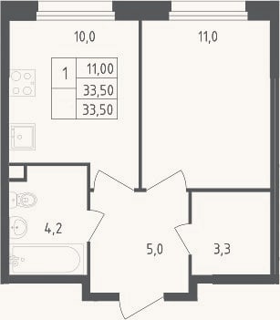 Планировка: 1-к, 33,5 м²