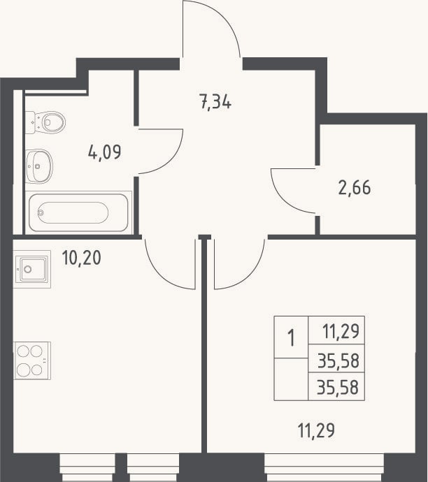 Планировка: 1-к, 35,6 м²