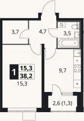 Планировка: 1-к, 36,9 м²