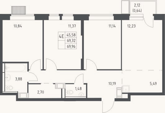 Планировка: 4+ к, 69,3 м²