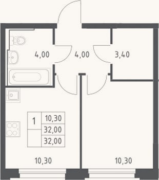 Планировка: 1-к, 32 м²