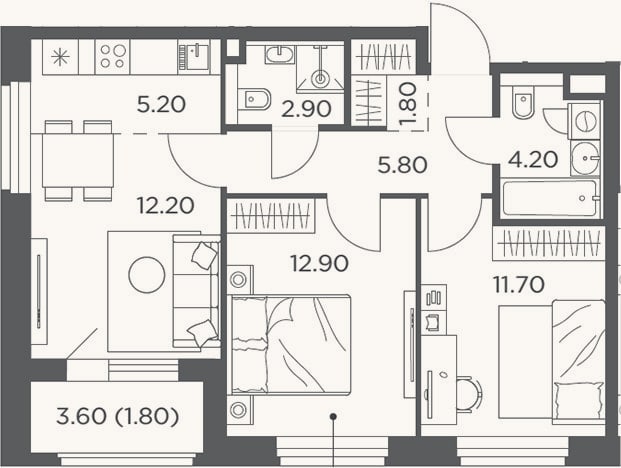 Планировка: 3-к, 56,7 м²
