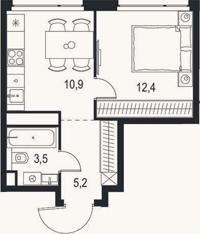 Планировка: 1-к, 32 м²