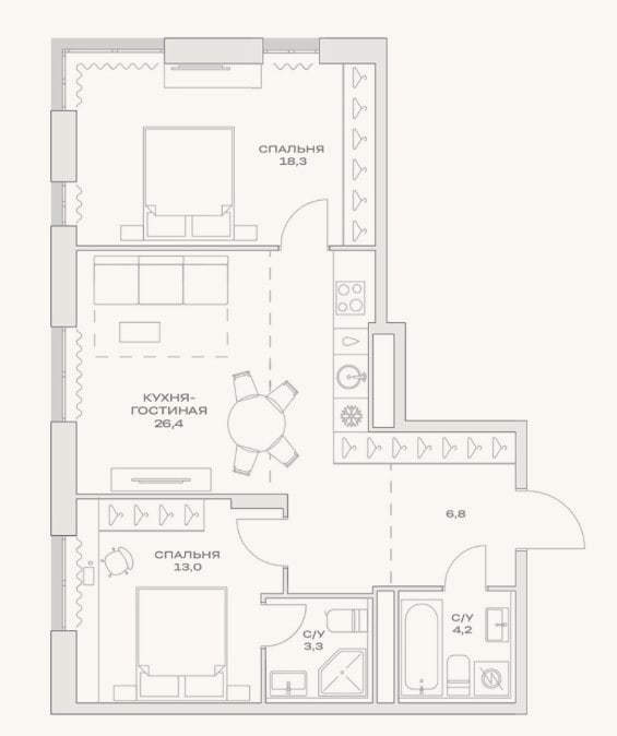 Планировка: 2-к, 71,9 м²