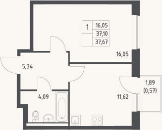 Планировка: 1-к, 37,1 м²