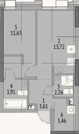 Планировка: 1-к, 38,6 м²