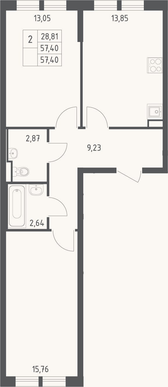 Планировка: 2-к, 57,4 м²
