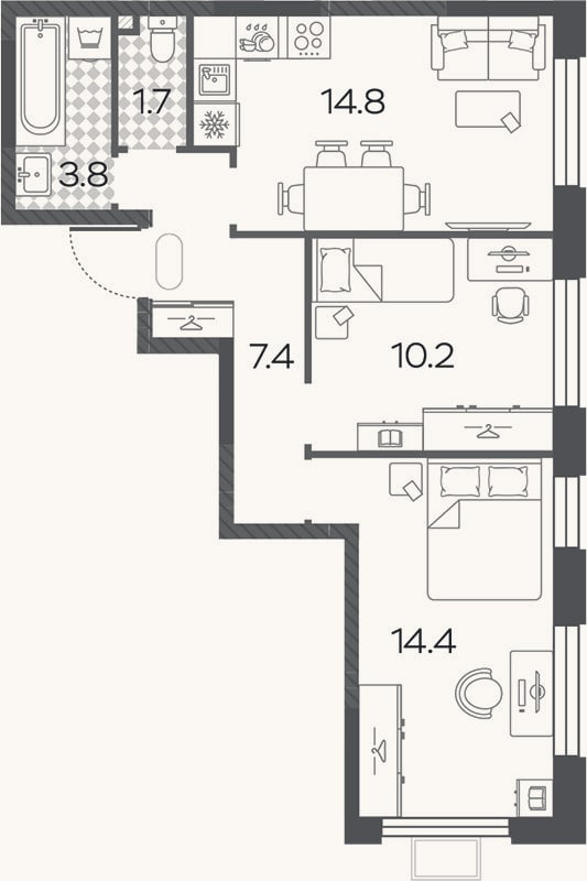 Планировка: 2-к, 52,3 м²