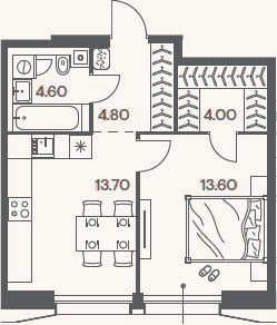 Планировка: 1-к, 40,7 м²