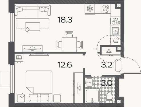 Планировка: 2-к, 37,1 м²