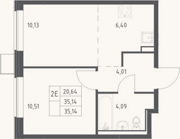 Планировка: 2-к, 35,1 м²