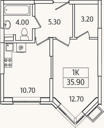 Планировка: 1-к, 35,9 м²