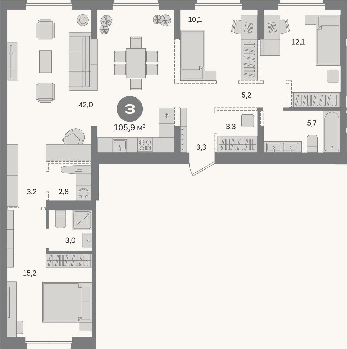Планировка: 3-к, 105,9 м²