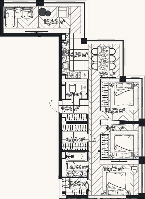 Планировка: 4+ к, 90,5 м²