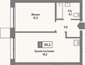 Планировка: 2-к, 39,2 м²