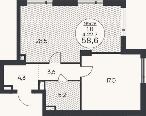 Планировка: 1-к, 58,6 м²