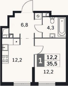 Планировка: 1-к, 35,5 м²