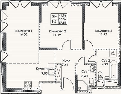Планировка: 3-к, 67,6 м²