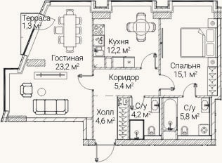 Планировка: 2-к, 69,3 м²