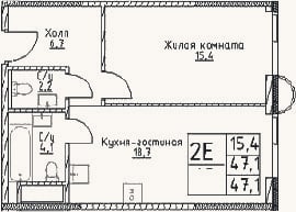 Планировка: 2-к, 47,1 м²
