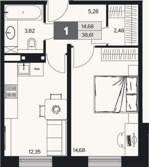 Планировка: 1-к, 38,6 м²