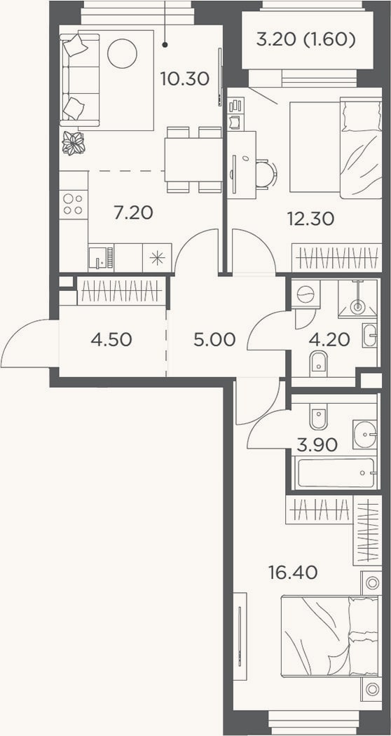 Планировка: 3-к, 63,8 м²