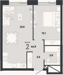 Планировка: 2-к, 44,9 м²