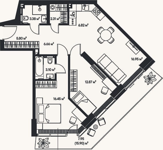 Планировка: 3-к, 74,3 м²
