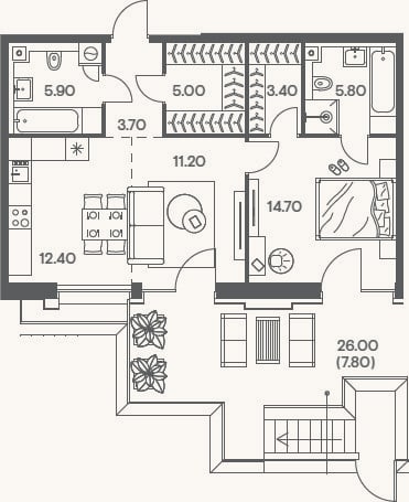 Планировка: 2-к, 62,1 м²
